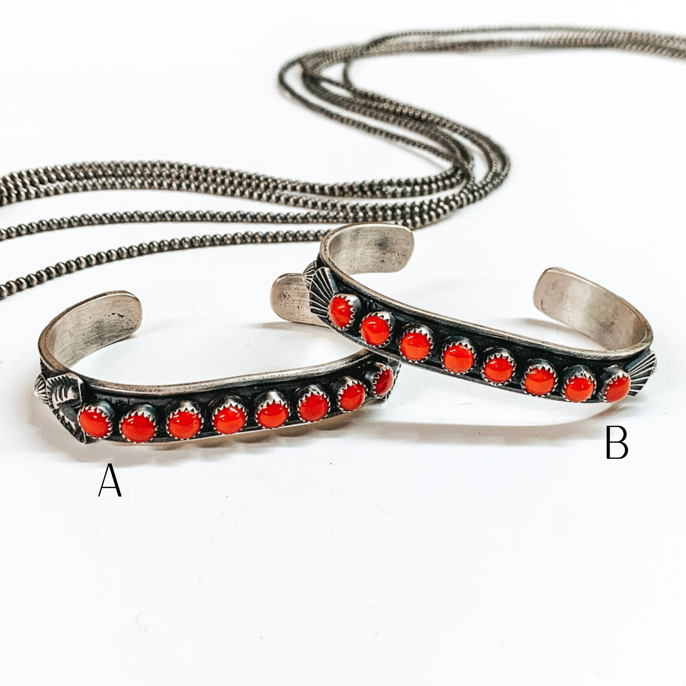 Kevin Billah | Navajo Handmade Sterling Silver Cuff With Red Coral Circle Stones - Giddy Up Glamour Boutique