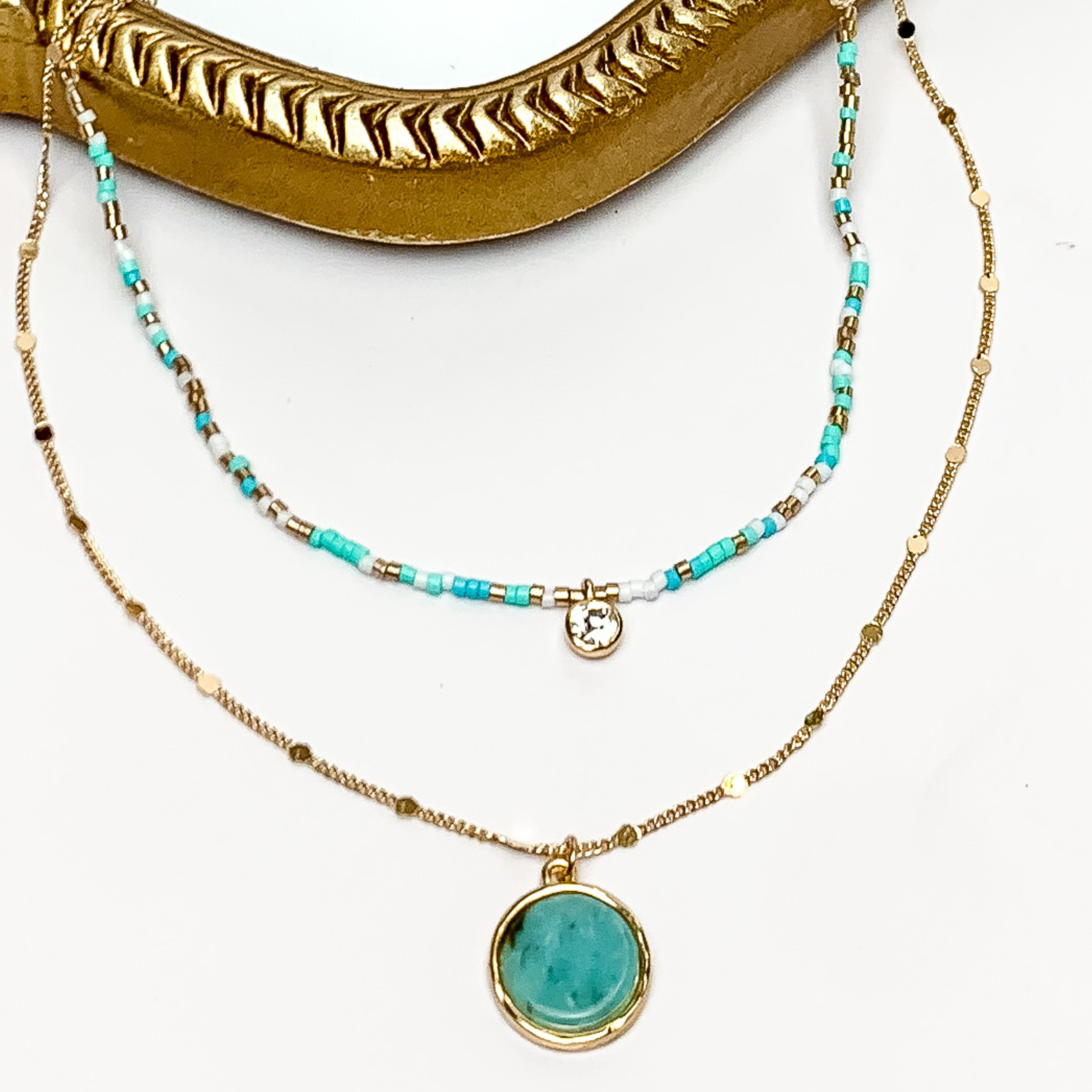 Turquoise Goddess Gold Tone Double Chain Necklace - Giddy Up Glamour Boutique