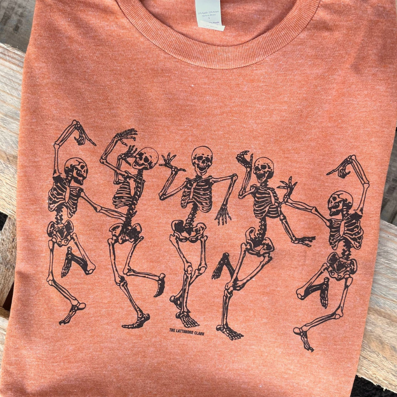 Online Exclusive | Skeleton Soiree Short Sleeve Graphic Tee in Heather Harvest - Giddy Up Glamour Boutique