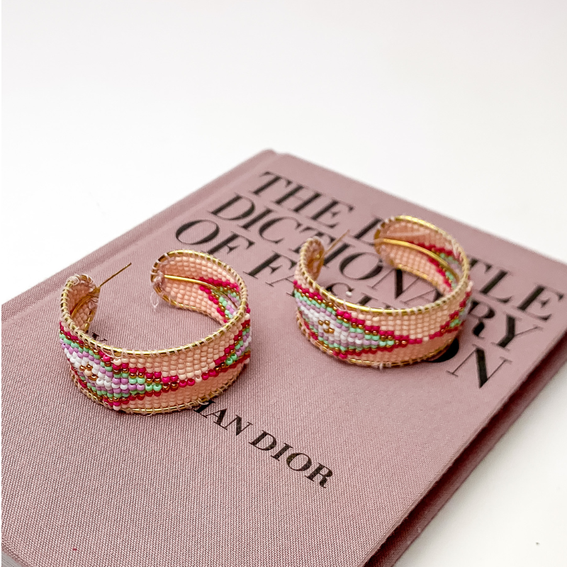 Aztec Design Beaded Hoop Earrings in Blush Pink - Giddy Up Glamour Boutique