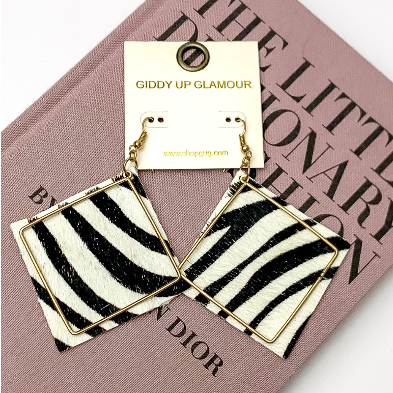 Diamond Shaped Zebra Felt Earrings with a Gold Tone Frame - Giddy Up Glamour Boutique