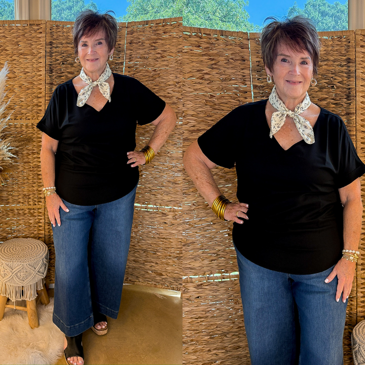 Short Sleeve V Neck Top in Black