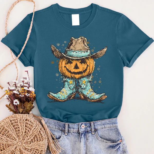 Blue t-shirt with a pumpkin in cowboy boots graphic design on a white background