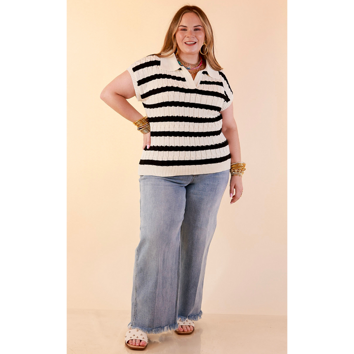 Signature Stripe Drop Shoulder Cable Knit Collared Polo Top in Ivory with Black Stripes
