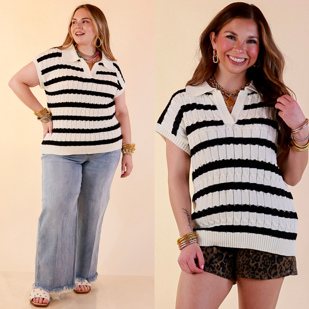 Models are wearing Drop Shoulder Cable Knit Collared Polo in Ivory with Black Stripes with bottoms against a beige backdrop.
