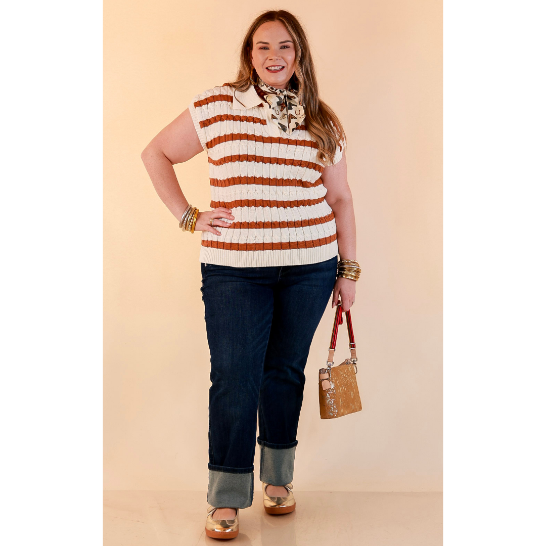 Signature Stripe Drop Shoulder Cable Knit Collared Polo Top in Ivory with Camel Brown Stripes