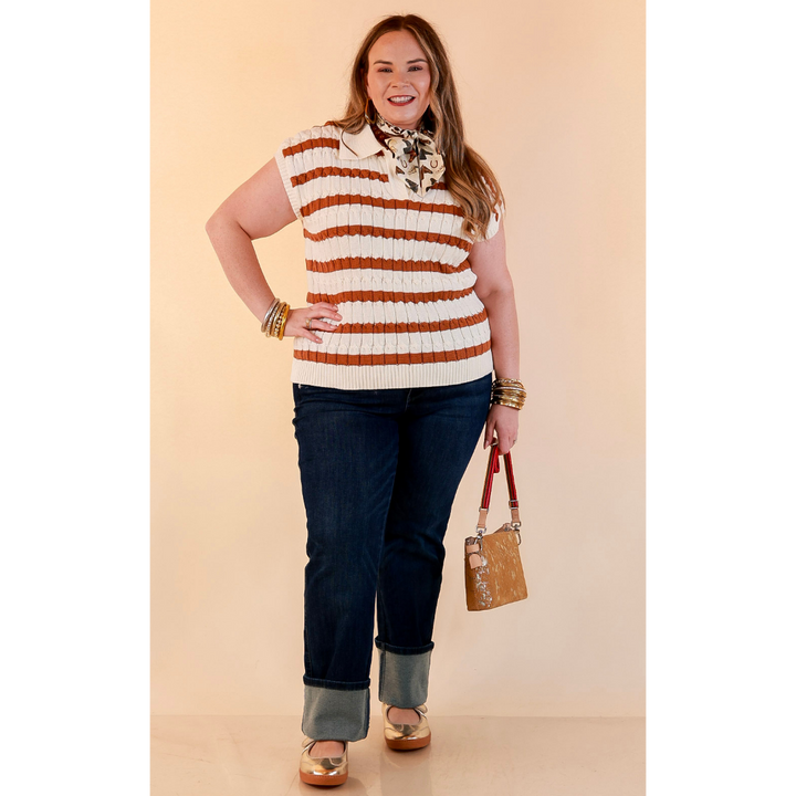 Signature Stripe Drop Shoulder Cable Knit Collared Polo Top in Ivory with Camel Brown Stripes