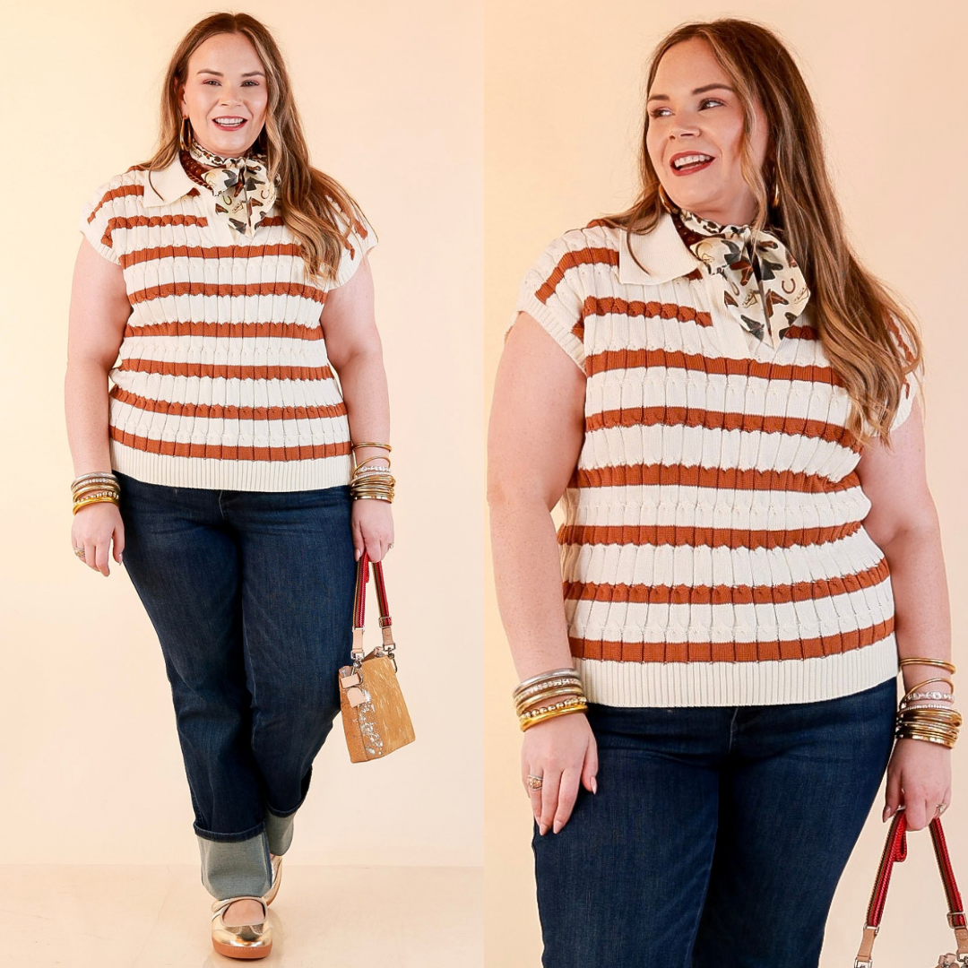 Signature Stripe Drop Shoulder Cable Knit Collared Polo Top in Ivory with Camel Brown Stripes