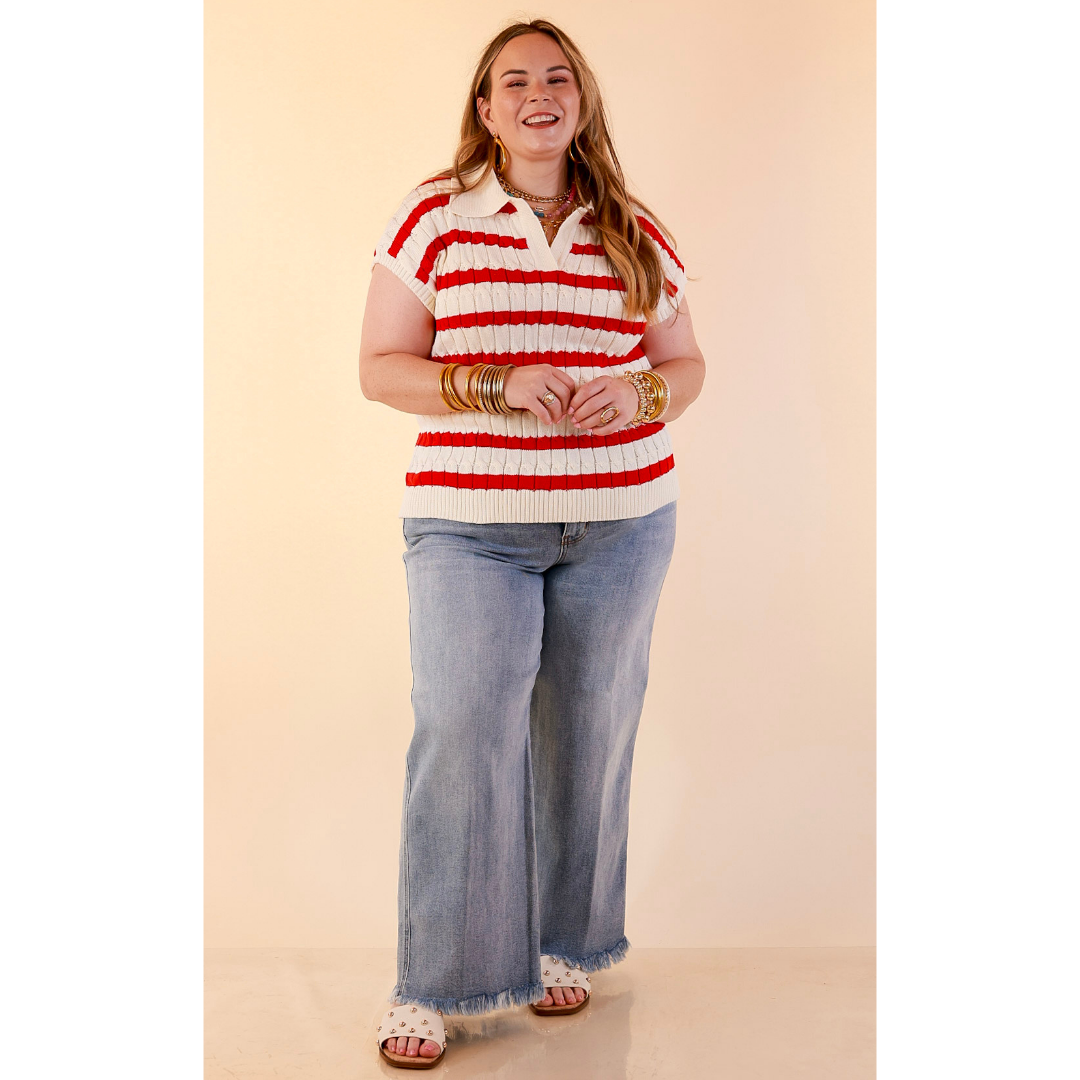 Signature Stripe Drop Shoulder Cable Knit Collared Polo Top in Ivory with Red Stripes