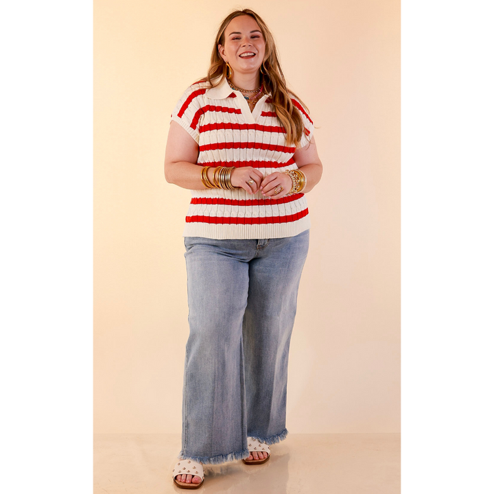 Signature Stripe Drop Shoulder Cable Knit Collared Polo Top in Ivory with Red Stripes