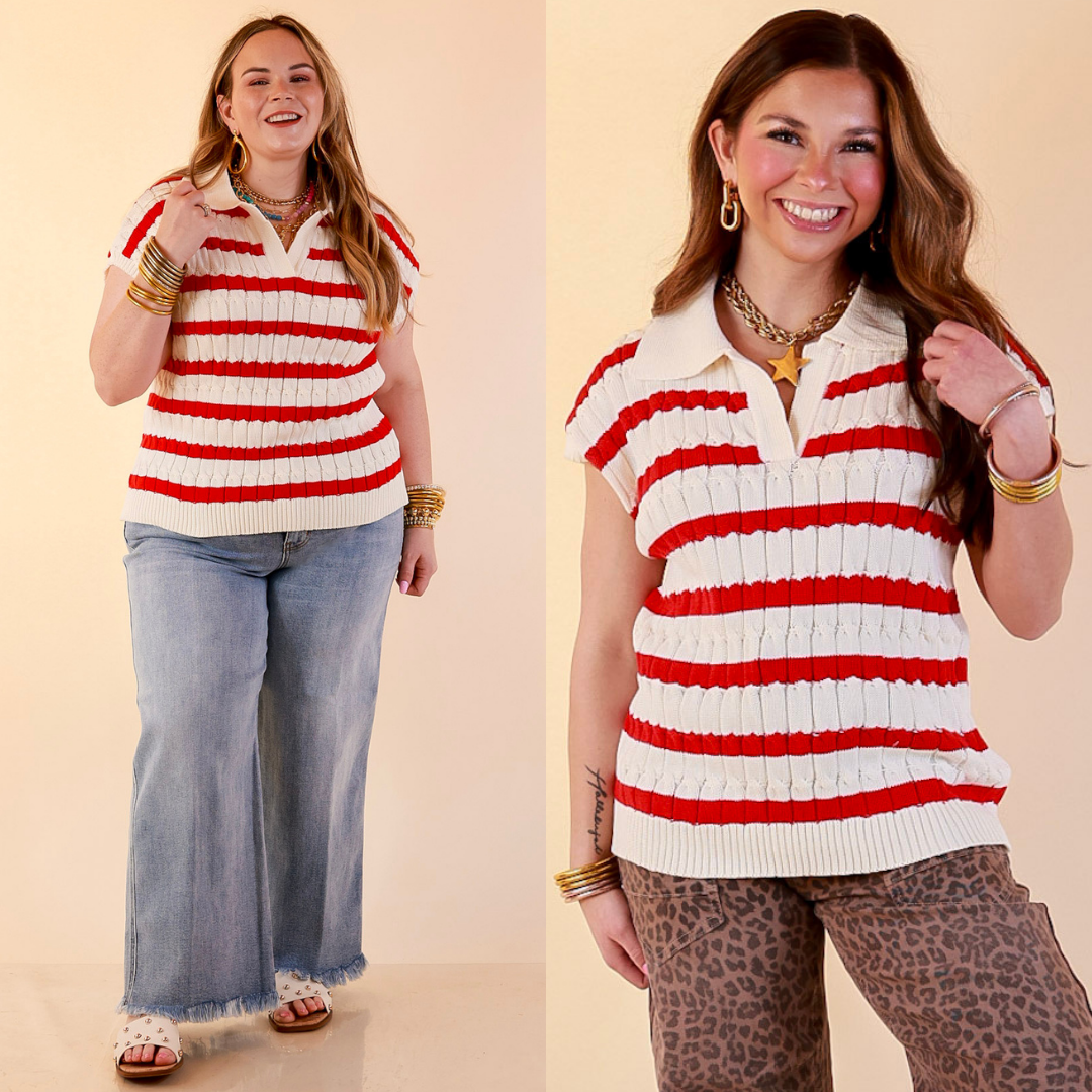 Models are wearing Drop Shoulder Cable Knit Collared Polo in Ivory with Red Stripes with bottoms against a beige backdrop.
