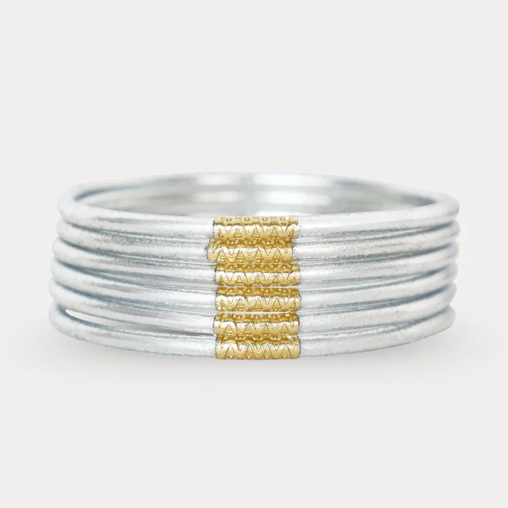 BuDhaGirl | Set of Six | Aura Lumine 3mm All Weather Bangles in Silver