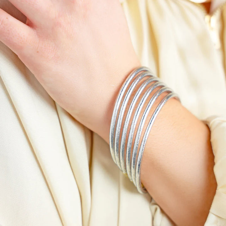 BuDhaGirl | Set of Six | Aura Lumine 3mm All Weather Bangles in Silver