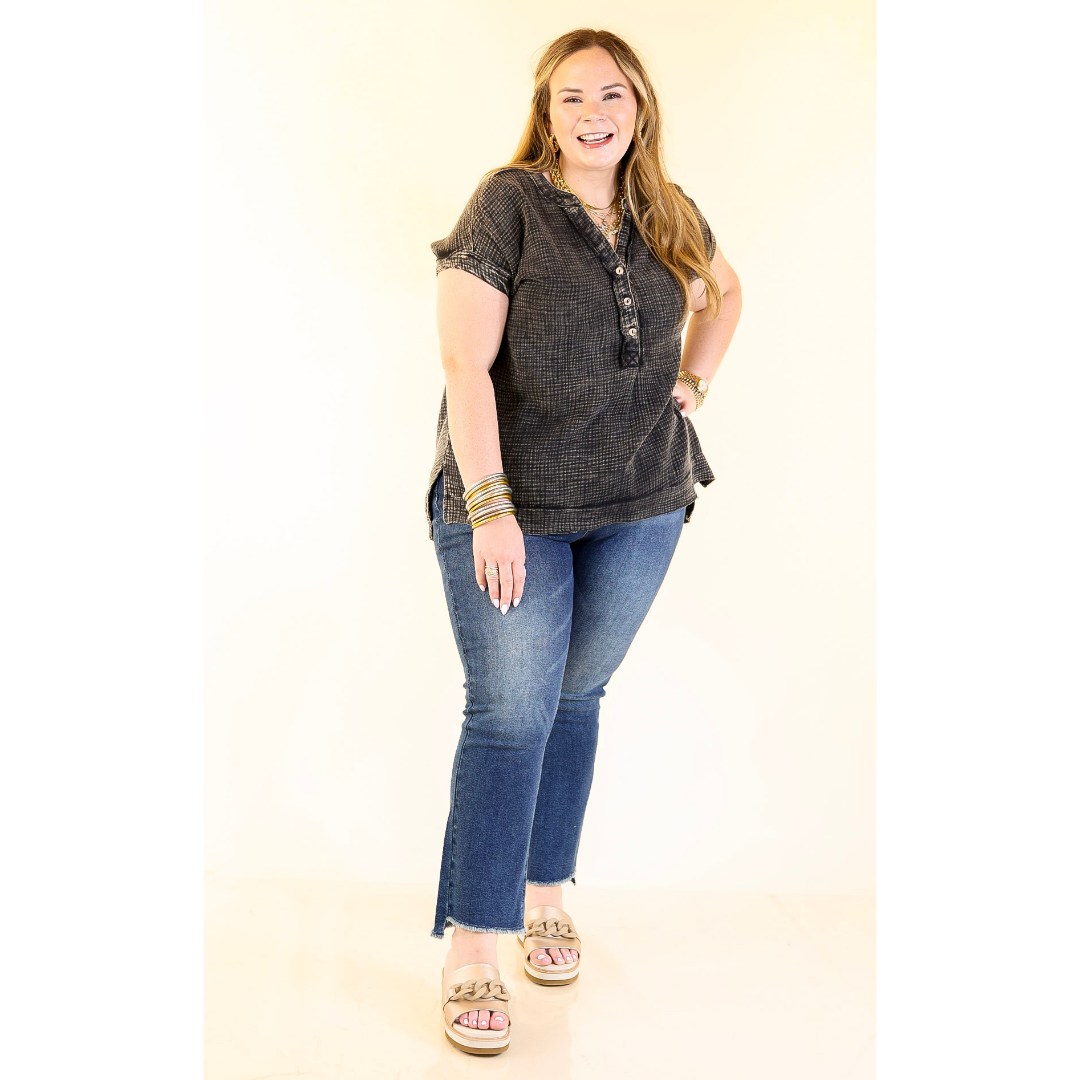 Simple Statement Quarter Button Up Short Drop Sleeve Shirt in Black