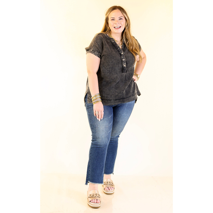 Simple Statement Quarter Button Up Short Drop Sleeve Shirt in Black