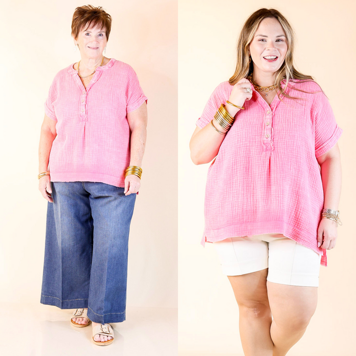 A flattering v-neckline, quarter button-up front, and relaxed short sleeves, this top is all about easy style with a refined touch. Sizes S/M to L/XL.