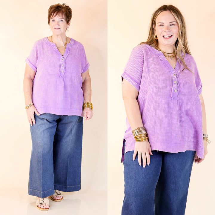 A flattering v-neckline, quarter button-up front, and relaxed short sleeves, this top is all about easy style with a refined touch. Sizes S/M to L/XL.