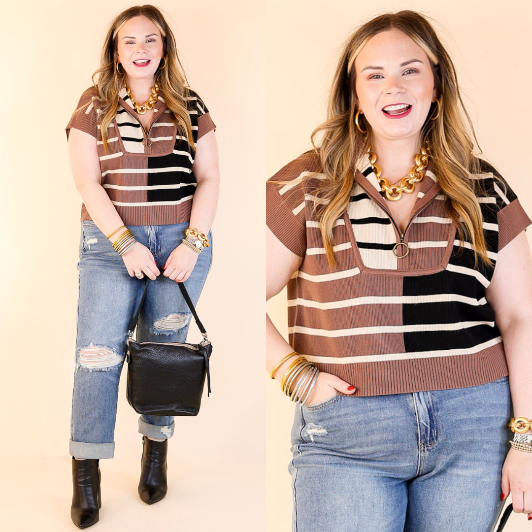 Simple Style Striped Half Zip Cap Sleeve Sweater with a Collar in Brown Mix