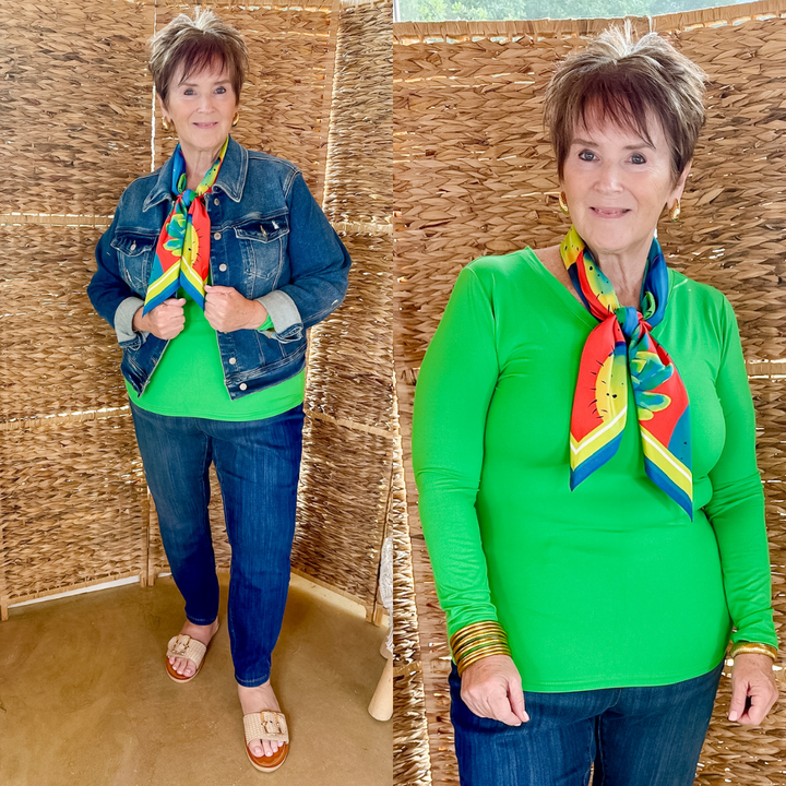 Simple V Neck Solid Long Sleeve Tee in Bright Green