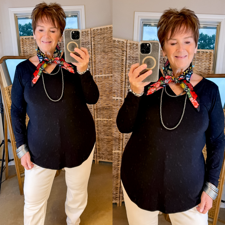 Simple V Neck Solid Long Sleeve Tee in Black