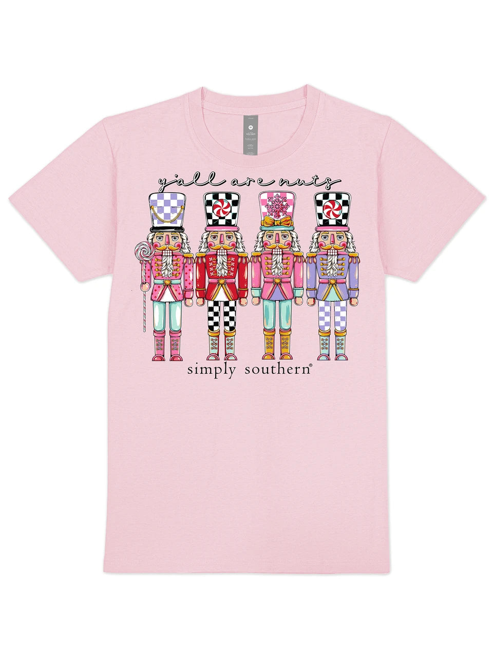 Sugar Plum Squad pink short sleeve graphic tee with four pastel nutcrackers and y&