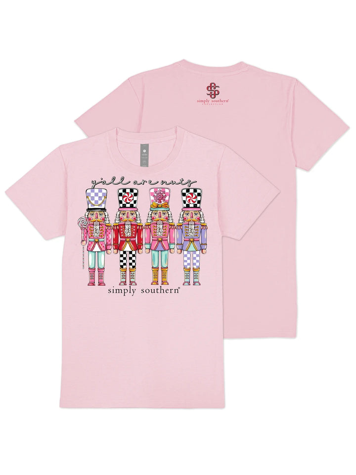 Sugar Plum Squad pink nutcracker graphic tee front and back flat lay with simply southern logo on the back