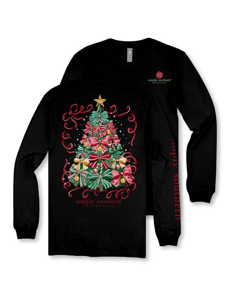 Trimmed to Perfection black long sleeve graphic tee front and back flat lay with a Christmas tree made of red, pink, green and gold bows framed by red ribbon