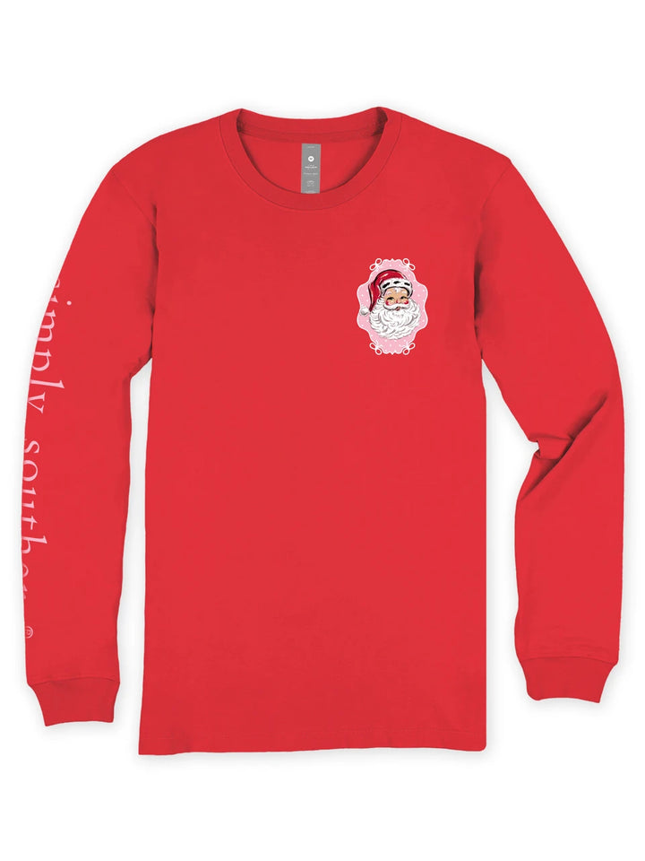 True Believer red long sleeve graphic tee front with a small vintage Santa on the chest and simply southern down the sleeve