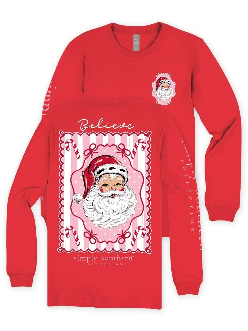 True Believer red long sleeve graphic tee front and back flat lay with vintage Santa Believe graphic