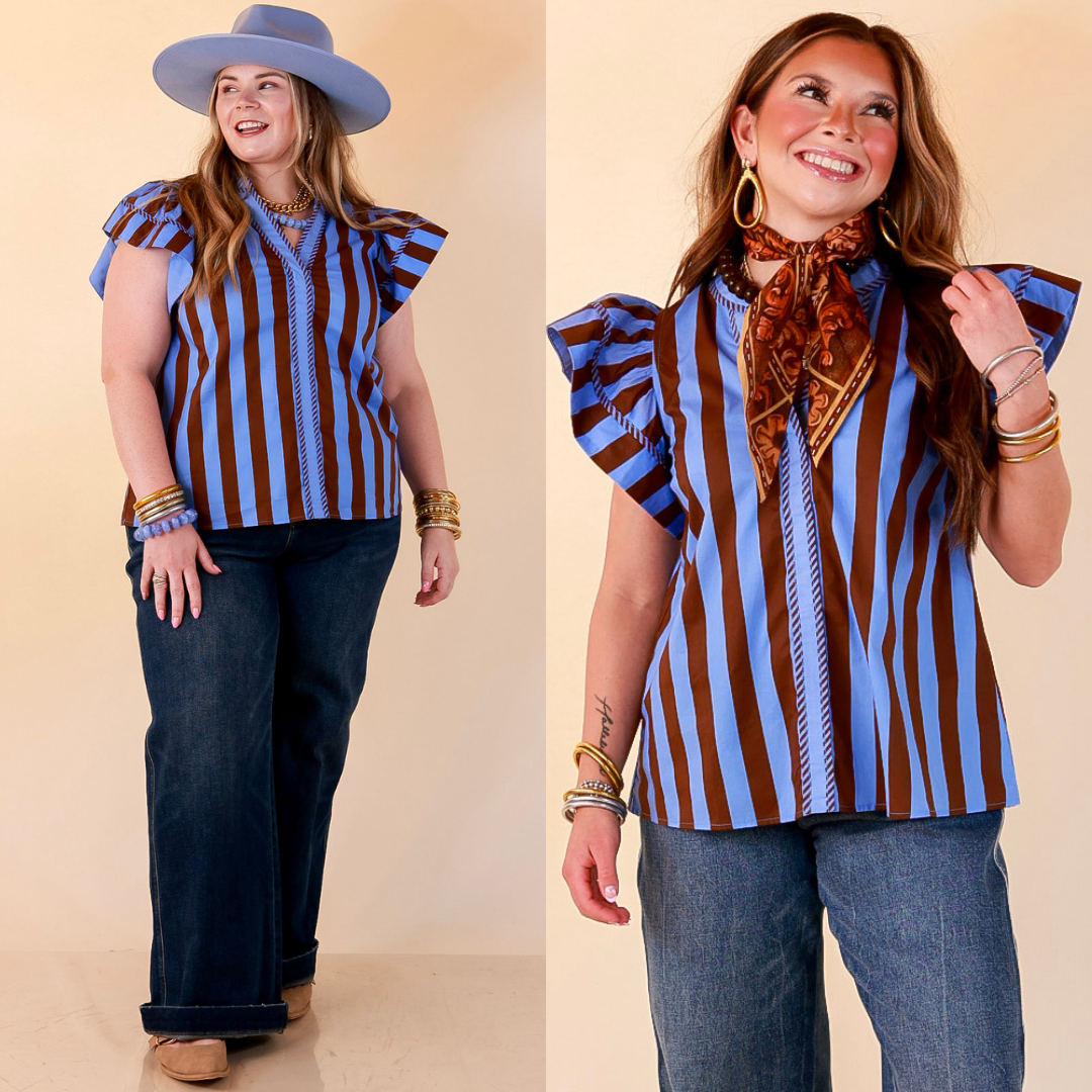 Simply Refined Striped Short Ruffle Sleeve Split Neck Stripe Top in Periwinkle Blue and Chocolate Brown