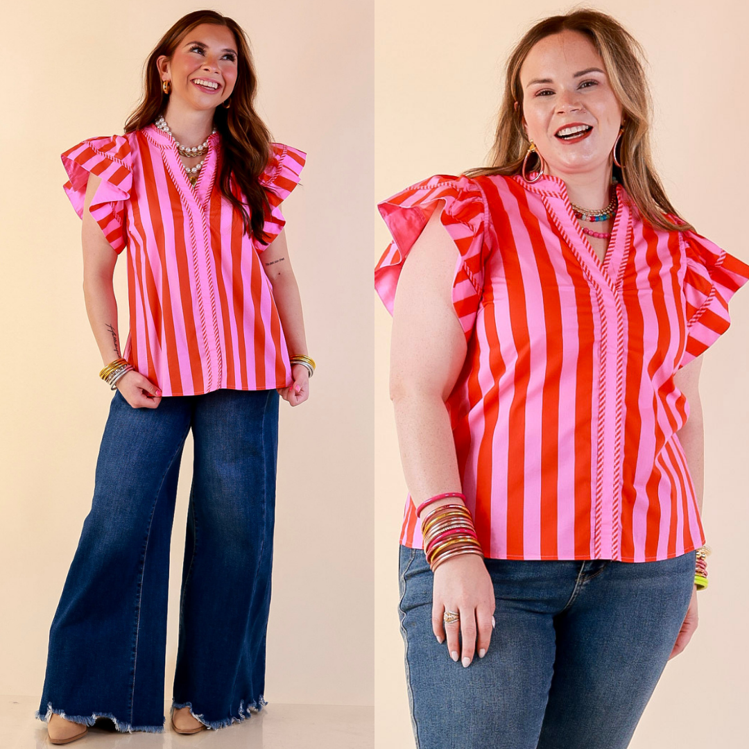 Models are wearing Striped Short Sleeve Split Neck Top in Red and Pink with Jeans against a beige backdrop. 