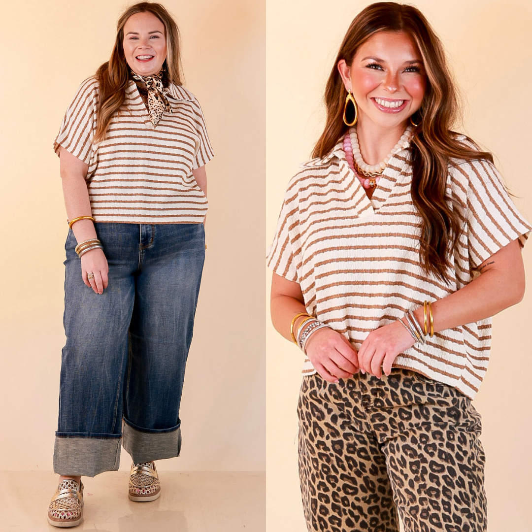 Simply Said Striped Drop Shoulder Collared Cropped Top in Ivory with Camel Brown Stripes