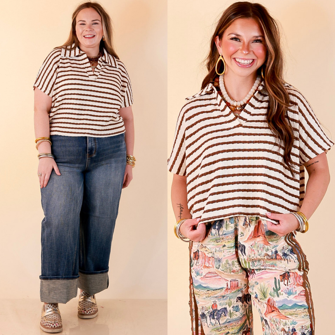 Simply Said Striped Drop Shoulder Collared Cropped Top in Ivory with Chocolate Brown Stripes