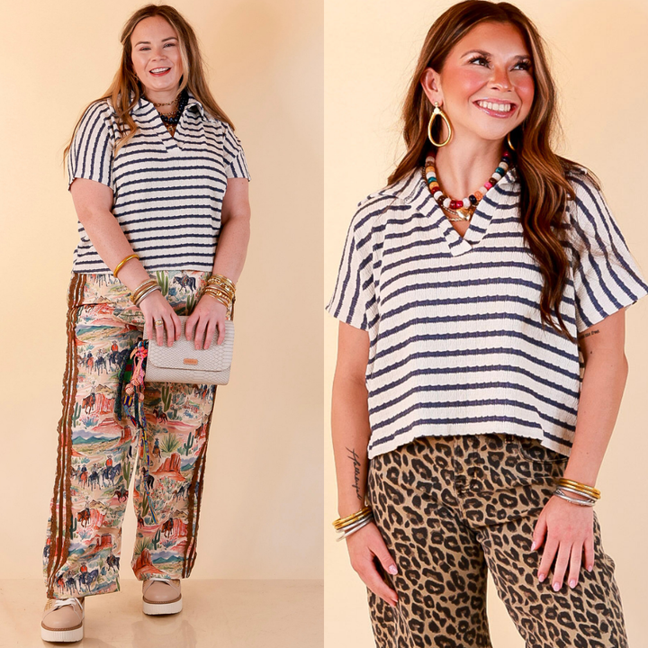 Simply Said Striped Drop Shoulder Collared Cropped Top in Ivory with Denim Blue Stripes