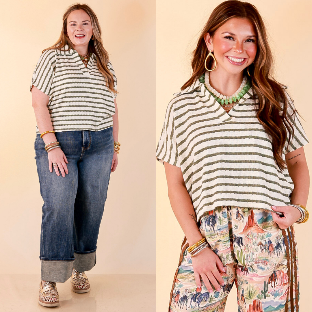 Simply Said Striped Drop Shoulder Collared Cropped Top in Ivory with Olive Green Stripes