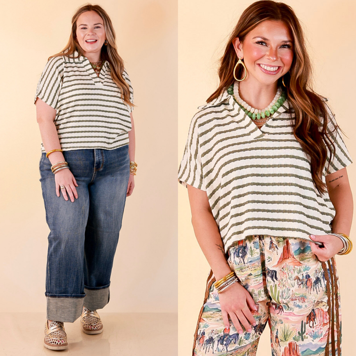 Simply Said Striped Drop Shoulder Collared Cropped Top in Ivory with Olive Green Stripes