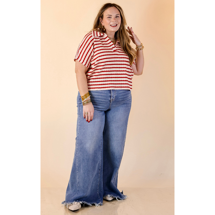 Simply Said Striped Drop Shoulder Collared Cropped Top in Ivory with Red Stripes