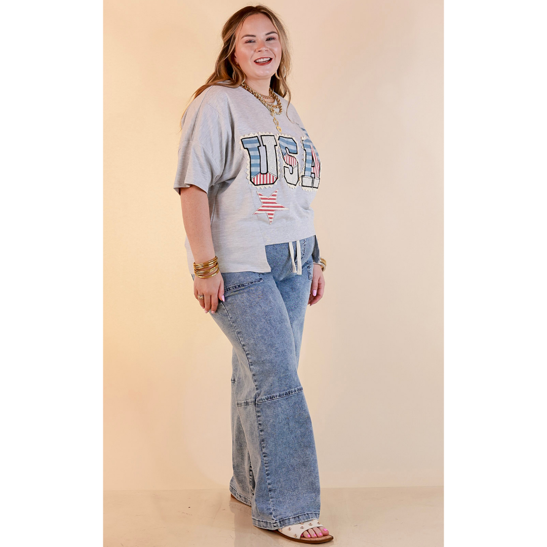 Simply Southern | All American Charm Lace Trim USA Patchwork Split Hem Graphic Tee in Heather Grey