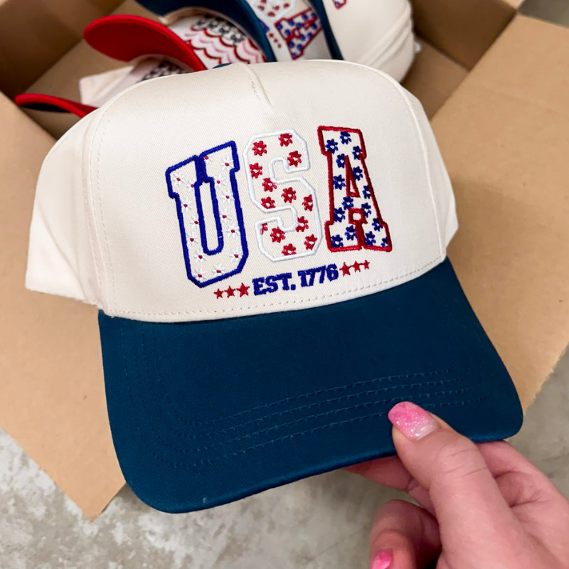 Simply Southern | All American Charm USA Embroidered Trucker Hat with Contrast Bill in Navy Blue
