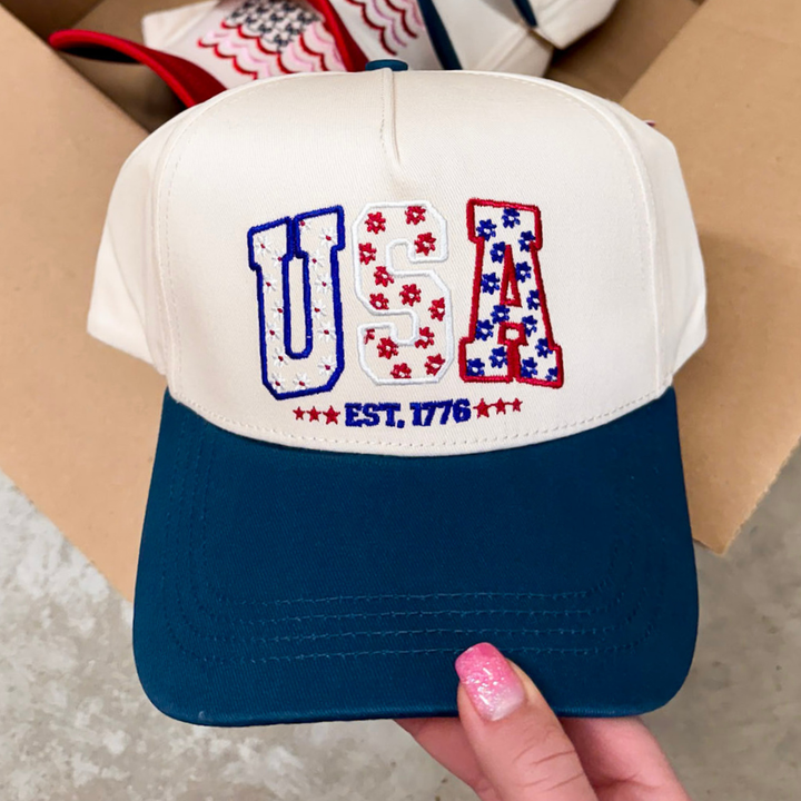 Simply Southern | All American Charm USA Embroidered Trucker Hat with Contrast Bill in Navy Blue