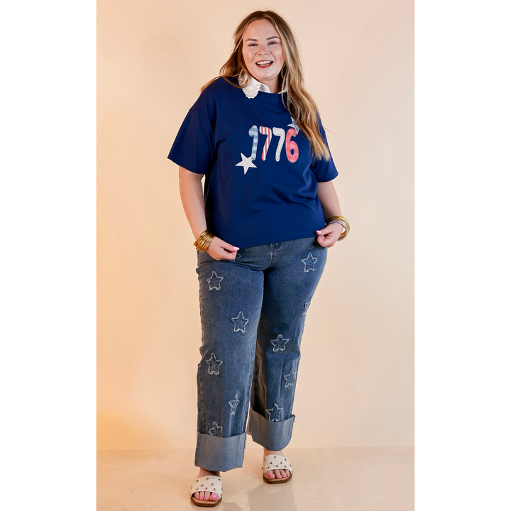 Simply Southern | American It Girl Short Sleeve Graphic Tee with 1776 Applique in Navy Blue