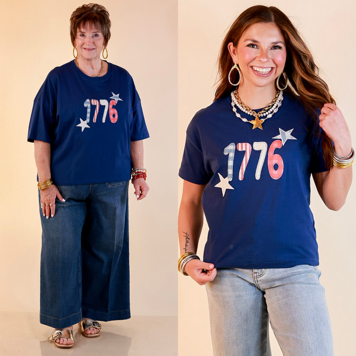 Simply Southern | American It Girl Short Sleeve Graphic Tee with 1776 Applique in Navy Blue