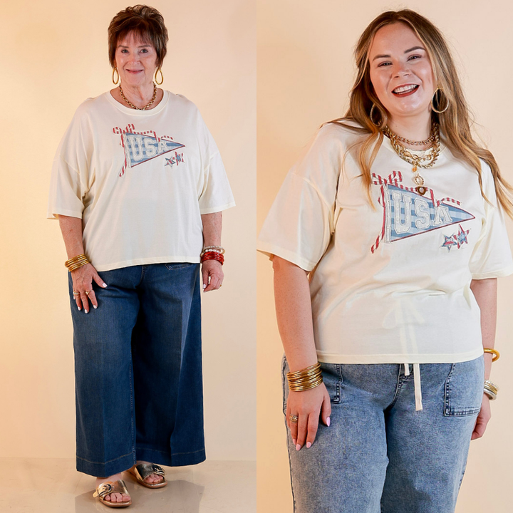 Simply Southern | American It Girl Short Sleeve Graphic Tee with USA Pennant Applique in Beige