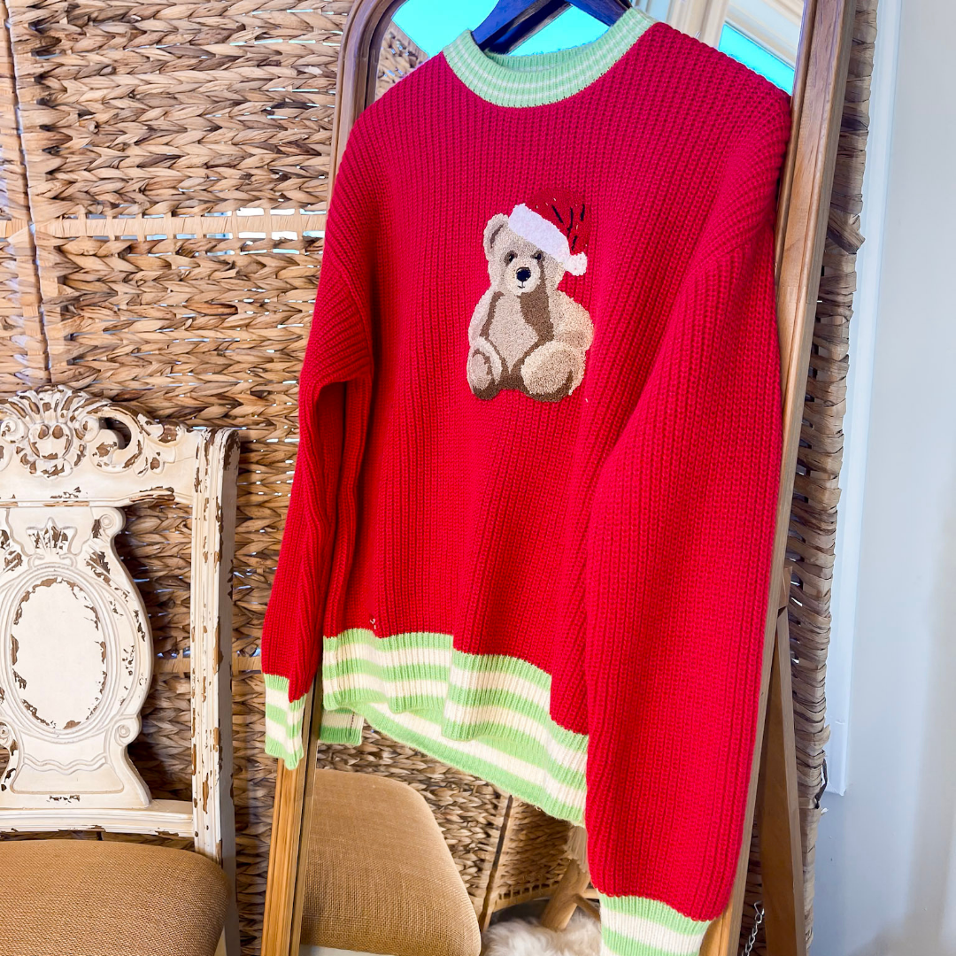 Simply Southern | Beary Merry Crewneck Sweater with Teddy Bear Graphic and Green Trim in Red