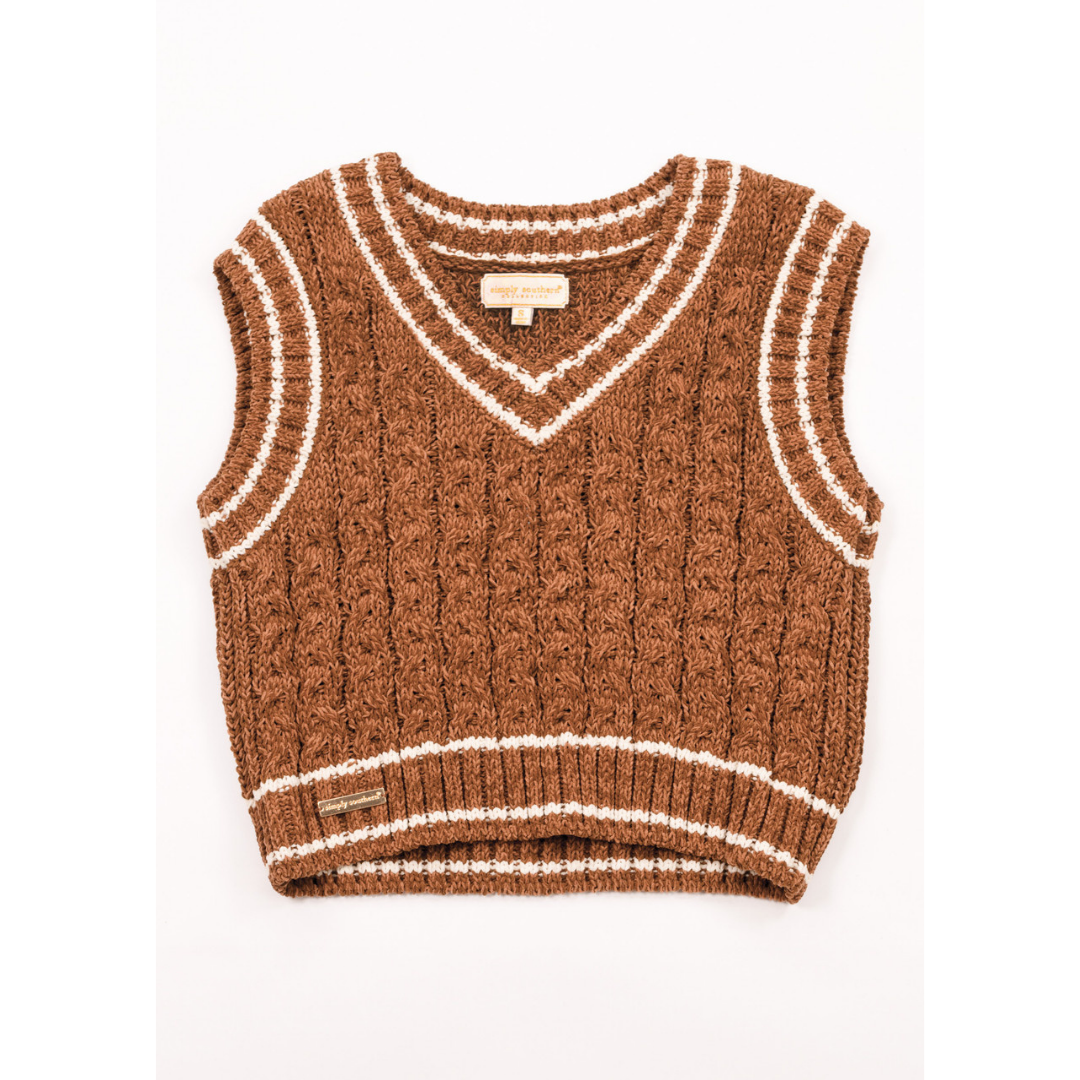 Simply Southern | Bliss Cable Knit Teddy Sweater Vest with V-Neckline and Contrast Trim in Umber Brown
