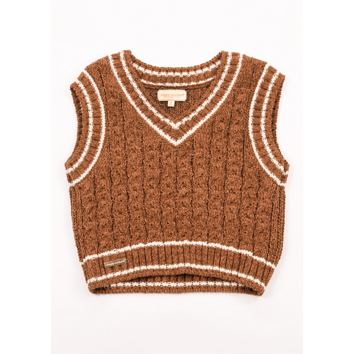 Simply Southern | Bliss Cable Knit Teddy Sweater Vest with V-Neckline and Contrast Trim in Umber Brown