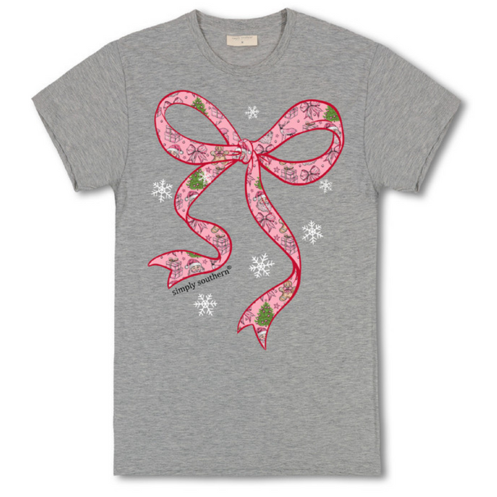 Simply Southern | Charmed and Cheerful Santa Bow Graphic T-Shirt in Light Heather Grey