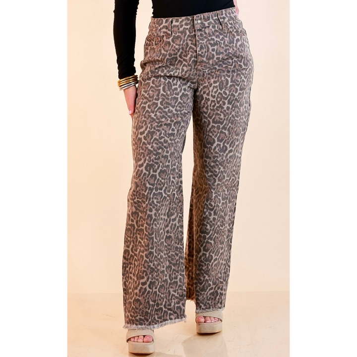 Simply Southern | Cool Statement Wide Leg Cropped Denim Jeans with Fray Hem in Leopard Print