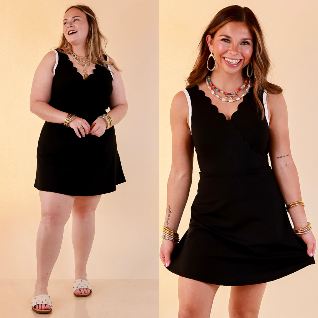 Simply Southern | Country Club Cutie Scalloped Trim Athletic Dress with Shorts Lining in Black