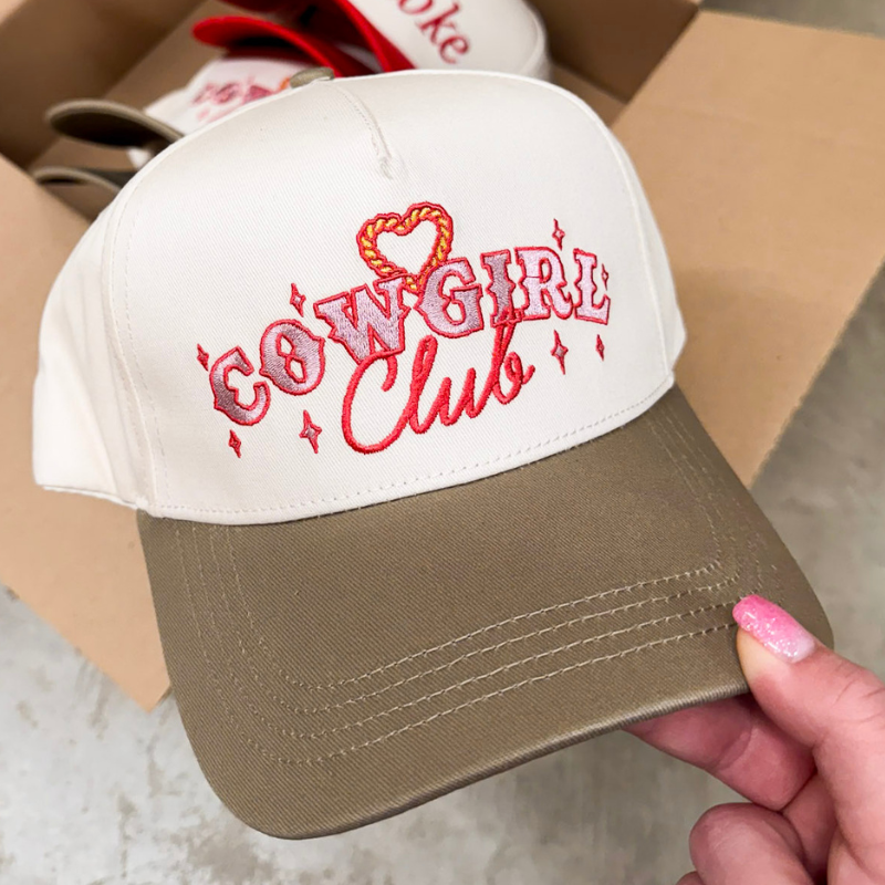 Simply Southern | Cowgirl Club Embroidered Trucker Hat with Contrast Bill in Tan